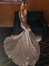 Mermaid Spaghetti Straps V Neck Silver Sequins Prom Dresses LBQ3642